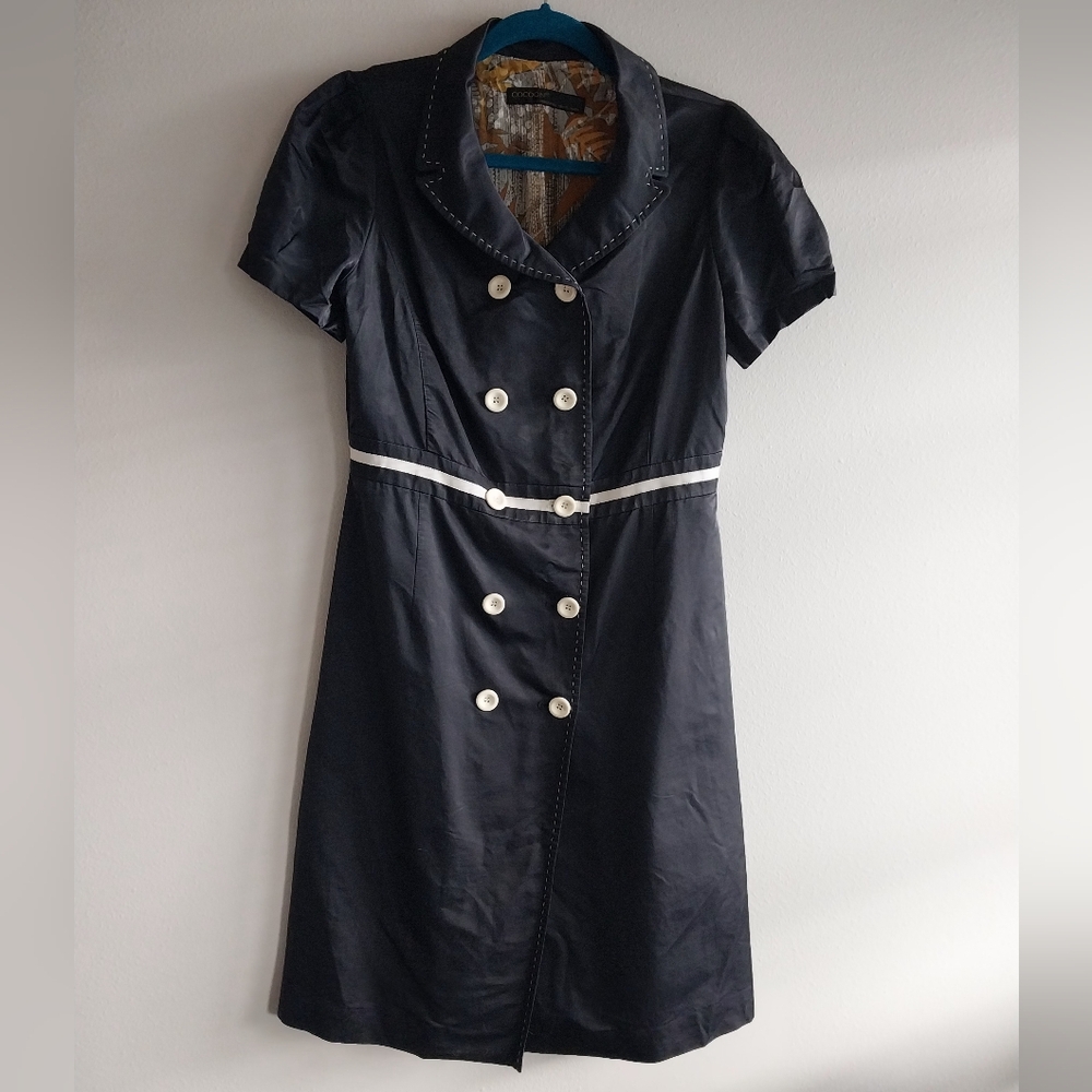 Cocoon Vintage Black & White Silk Short Puff Sleef Button Front Shift Dress
